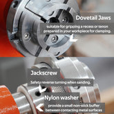 NCK-4M 4" 4 Jaw Mini Self-Centering Chuck, Thread 1"X8TPI, with NCK-3.75Z-DJDD Dovetail Jaws, Wood Screw, Two Nylon Washers, T Handle Allen